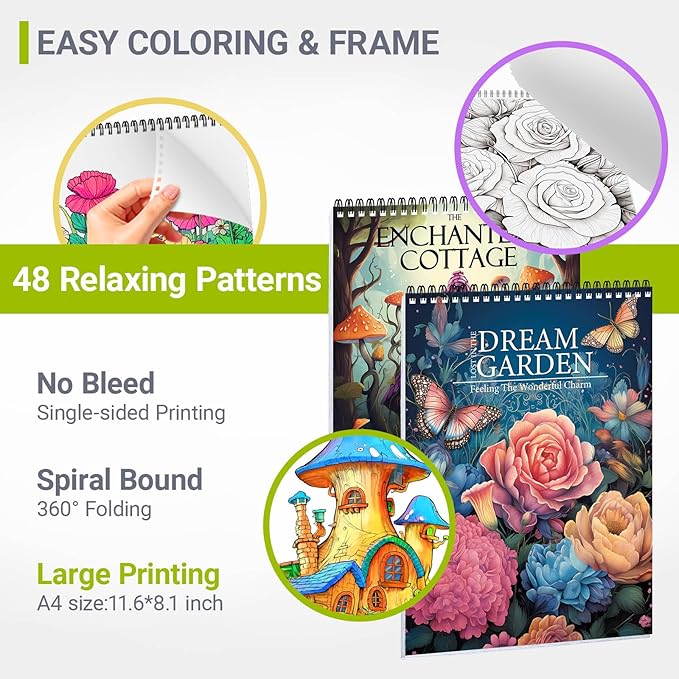 Adult Coloring Book for Women Relaxation, Spiral Bound Mindfulness Coloring Book with 24 Colors Markers for Adult, Anxiety Relief Gifts with 48 Pictures (Garden & Magic House)