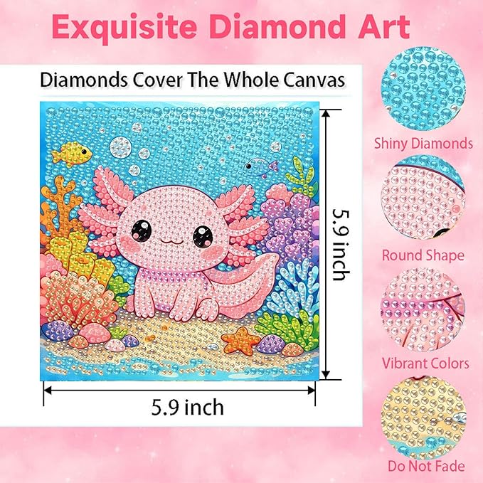 Axolotl Diamond Art Painting Kits for Kids with Frame, Animal Diamond Art for Kids Ages 4-8-12 with Frame, Easy Small Cute Gem Painting Kit for Gift Home Wall Decoration (7x7 inch)