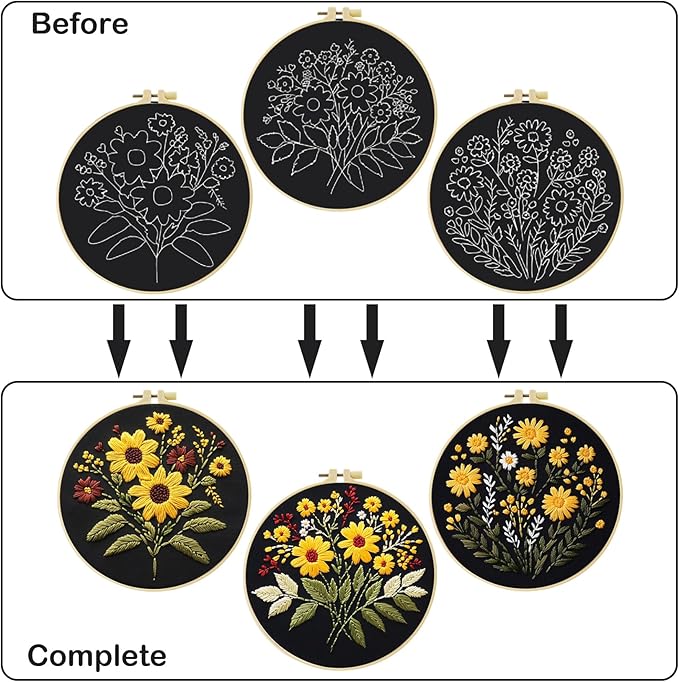 57lilina embroidery kit for beginners, pack of 3 with hoops, threads, needles - starter cross stitch supplies for adults, gift for relaxation craft lovers, flower theme