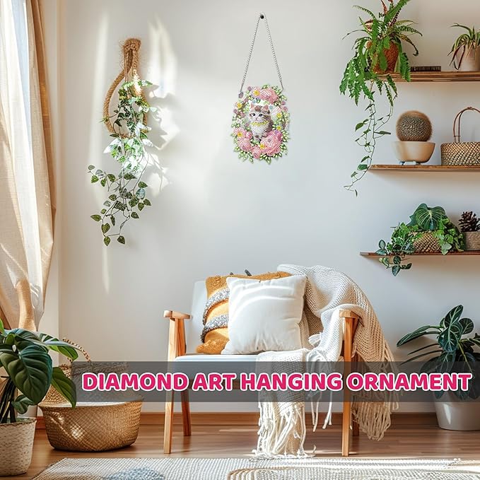 MEIYUDA Cat Diamond Art Hanging Kits for Adult, Flower Wreath Cat Diamond Painting Hanging Kits Ornaments, DIY Special Shaped Rhinestone Window Pendants Kit for Home Garden Wall Decor Gift