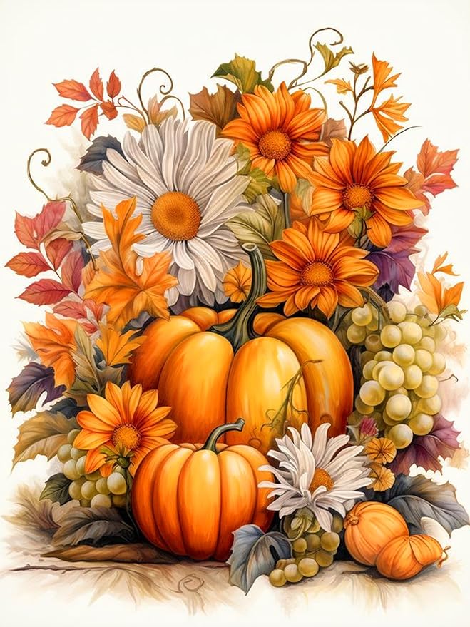Pumpkin Diamond Art Kits for Adults-DIY 5D Fall Diamond Painting Kits for Adults Beginners, Full Drill Paint with Diamonds Art Painting Thanksgiving Flowers Crafts for Home Wall Art Decor 12x16in