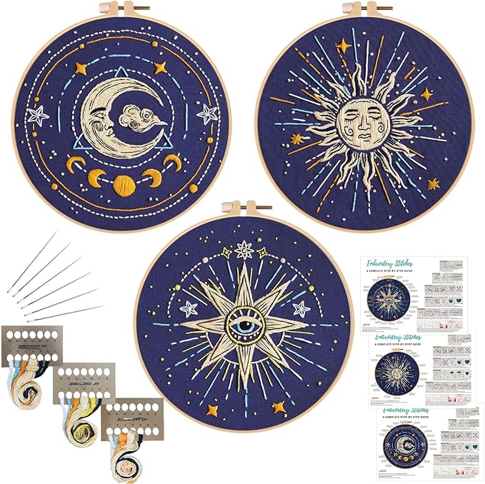 Louise Maelys 3 Set Tarot Embroidery Kits for Beginners,Cross Stitch Kit for Adults,Starters DIY Needlepoint Including Embroidery Cloth with Sun Moon Star Evil Eye Pattern and Instructions