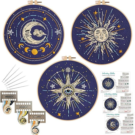 Louise Maelys 3 Set Tarot Embroidery Kits for Beginners,Cross Stitch Kit for Adults,Starters DIY Needlepoint Including Embroidery Cloth with Sun Moon Star Evil Eye Pattern and Instructions