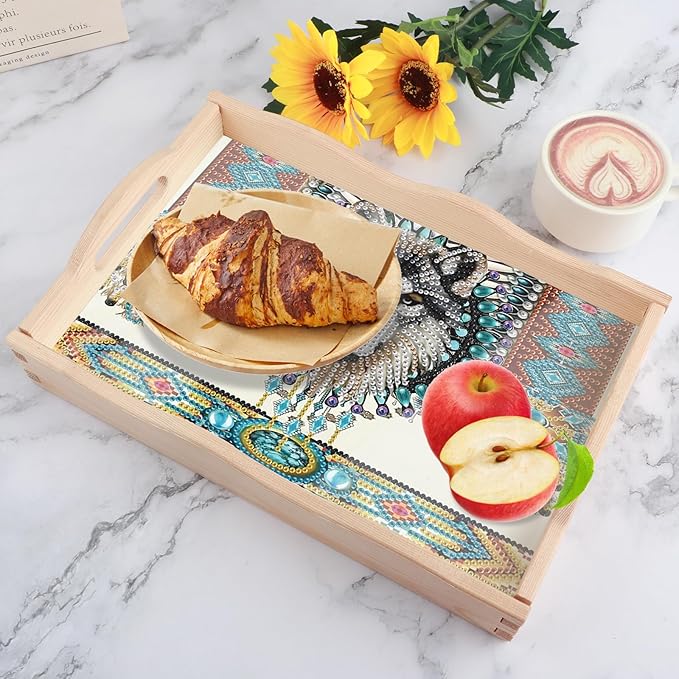 DIY Diamond Art Tray with Handle Diamond Art Painting Plate Creative Design Handmade Wooden Tray Mosaic Making Kits by Number Kits Diamond Art for Coffee Living Room Home Organizer (Dreamcatcher Wolf)
