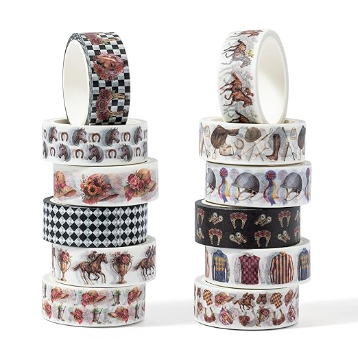 Kentucky Derby Washi Tape - 12 Rolls Horse Racing Silhouette Jockey Silk Bridle Pattern Design Premium Acid Free Repositionable Paper for Scrapbooking Gift Wrapping Journal DIY Crafts