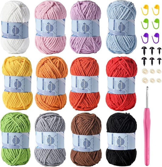 Premier Puzzle 12 Pack Fluff Chenille Chunky Yarn for Crocheting - Baby Crochet Set with Velvet Yarn in Black, White, Purple, Pink, Blue, Coffee, Red, Orange