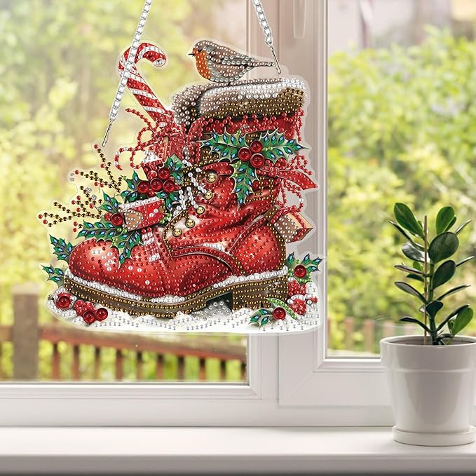 HEIBAGO Winter Boots Diamond Art Hanging Kits for Adults Kids, 5D Special Shaped Crystal Diamond Painting Kit, DIY Pattern Window Pendant Gem Art Kit for Home Wall Decor 8.3 x 8.3 Inch