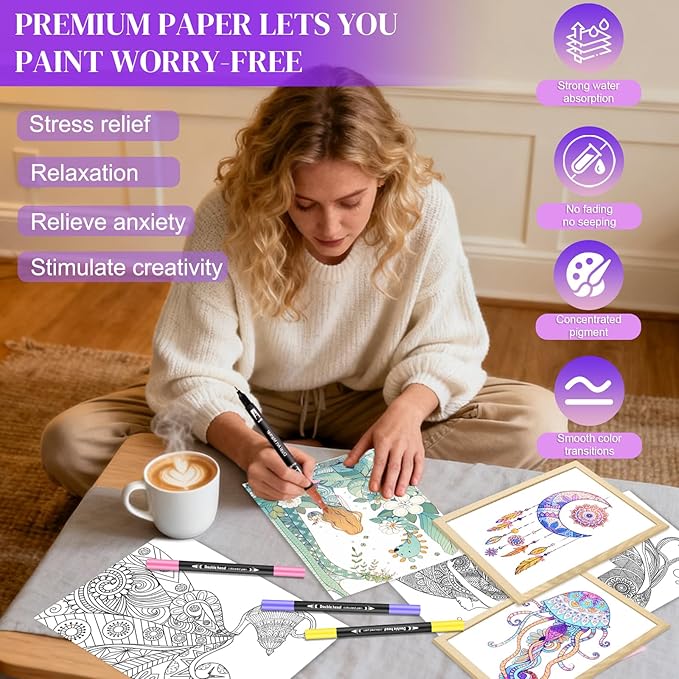 Coloring Books for Adults Relaxation, Stress Relief Coloring Book with 24 Dual Tip Markers, 2 Wooden Photo Frame Set with 12 Patterns Include Exquisite & Cute, Arts and Crafts Gift for Women, Couples