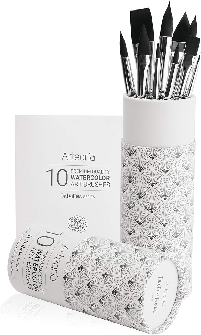 ARTEGRIA Watercolor Brush Set, 10 Professional Soft Synthetic Squirrel Paint Brushes, Including Pointed Rounds, Flats, Dagger, Oval Wash
