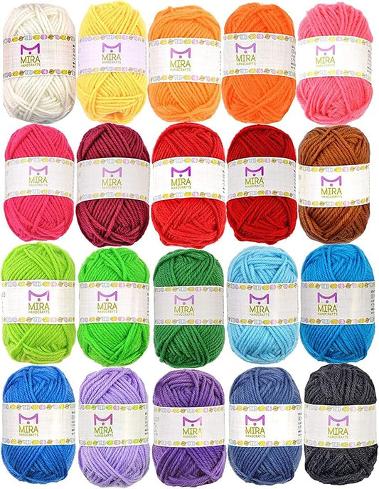 20 acrylic yarn skeins - 438 yards multicolored yarn in total – great crochet and knitting starter kit for colorful craft – assorted colors