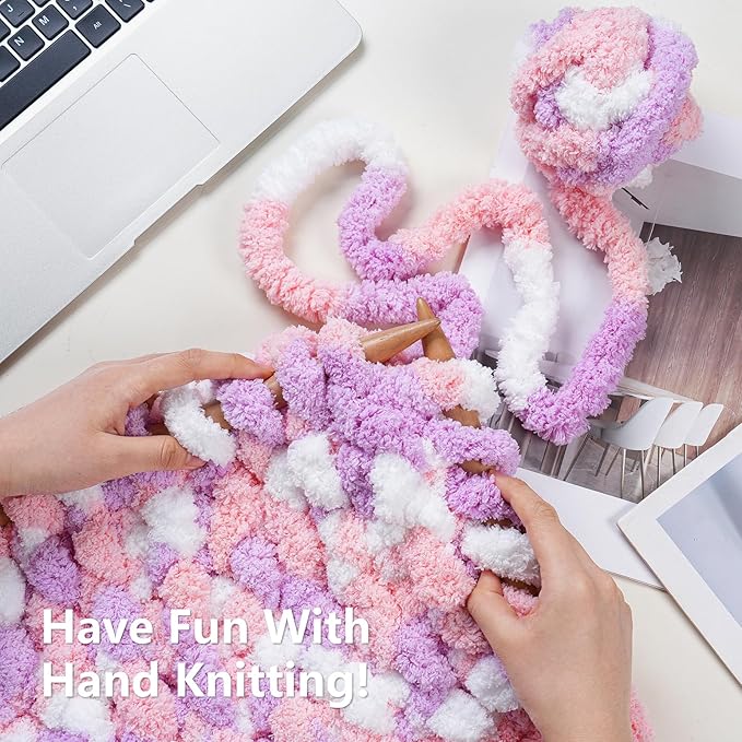 Chunky Yarn for Hand Knitting - #10 Chunky Chenille Blanket Yarn, Jumbo Big Thick Chunky Yarns for Crocheting, Tie Dye Bulky Knit Yarns, 8 Skein (25 yds 8 oz Each Skein), Purple&Pink&White