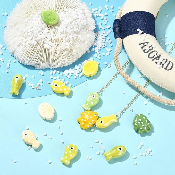 12Pcs Fish Ceramic Porcelain Beads for Jewelry Making 11 Styles Yellow Ocean Sea Beach Animal Spacer Beads for DIY Necklaces Earrings Bracelets Keychains Jewelry Findings Accessories