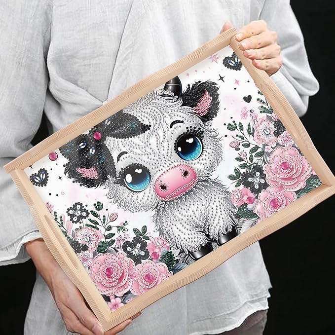 AiYuanzsh Cow Diamond Art Tray with Handle, 5D Diamond Painting Tray DIY Plate Kit for Adults, Decorative Diamond Art Organizer for Coffee Table or Living Room