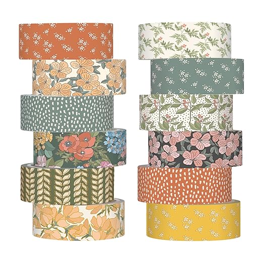 12 Rolls Watercolor Floral Washi Tape Set 15 mm Vintage Flower Decorative Masking Tape for Spring Arts DIY Craft Scrapbook Journal Supplies Gift Wrapping(Warm Tones,Botanic)