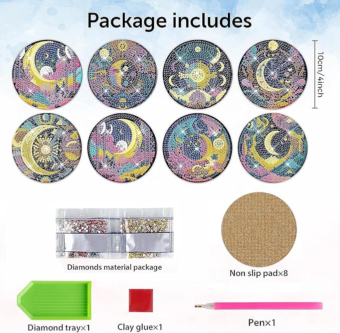 EWJRNSF 8 PCS Small Diamond Painting Coasters Kit, Fall Art Coasters for Adults Beginners, Arts and Crafts Supplies Item Sets Not with Holder Moon