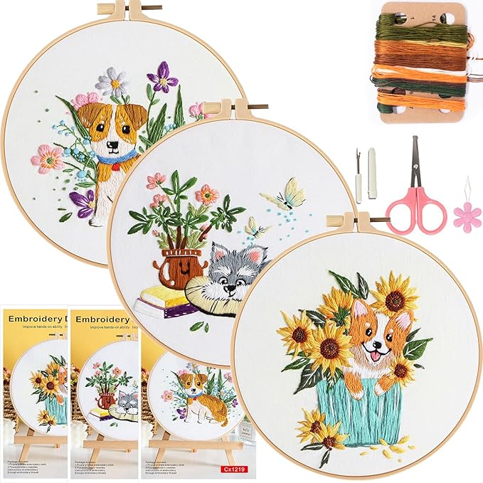 COCOMOX 3 Sets Embroidery Kit for Beginners, Dog Flower Pattern Embroidery Practice Kits for Adults, Hand Embroidery Kit, Easy to Follow Instruction and Video