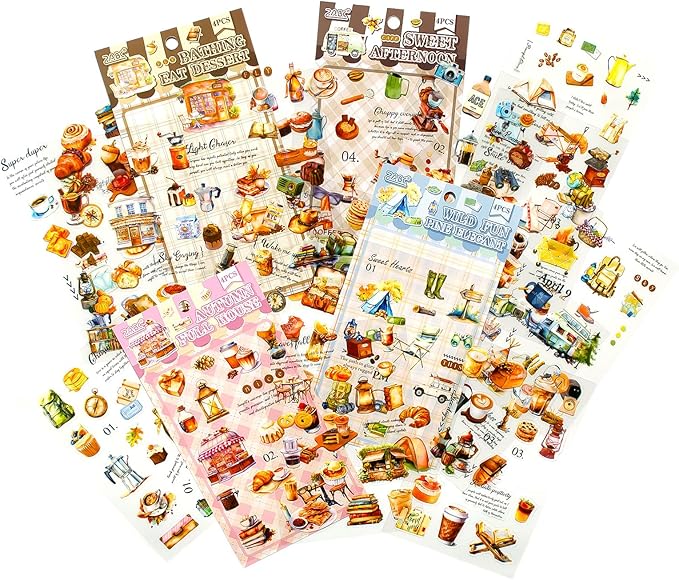 Vintage Food Stickers for Scrapbooking – 320+ Transparent PET Dessert, Coffee, Cake & Bread Stickers for Journaling, Junk Journal Supplies, Kids DIY Crafts, Baking & Camping Decoration