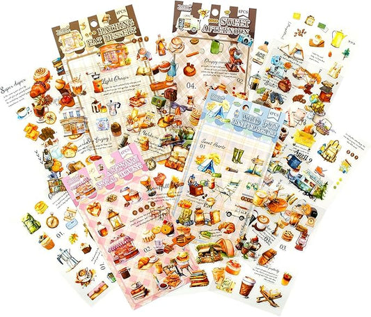 Vintage Food Stickers for Scrapbooking – 320+ Transparent PET Dessert, Coffee, Cake & Bread Stickers for Journaling, Junk Journal Supplies, Kids DIY Crafts, Baking & Camping Decoration