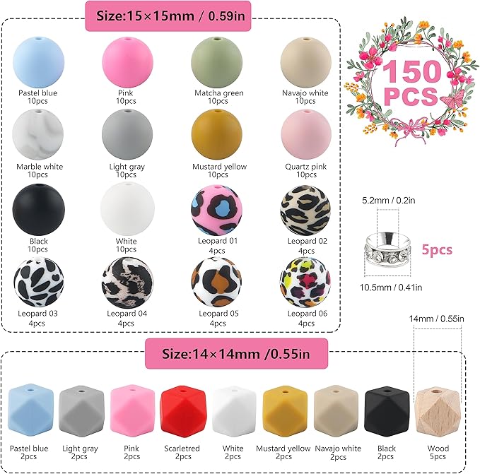 Sunrony 150pcs Silicone Beads for Keychain Making Bracelet Decoration and 15mm Silicone Beads for Pens (Leopard)