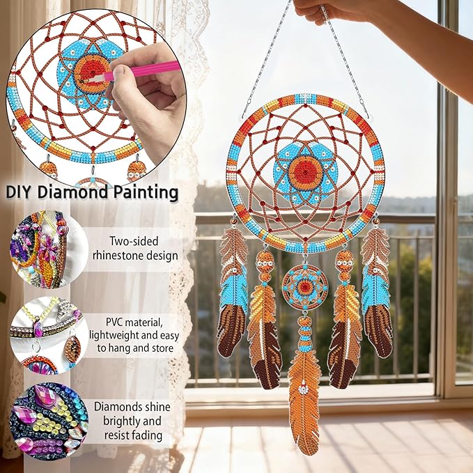 Diamond Dream Catchers Kit, Hanging Diamond Art, DIY Kit for Home Wall & Window Decor, Handmade Craft for Room Decoration (Tribe)