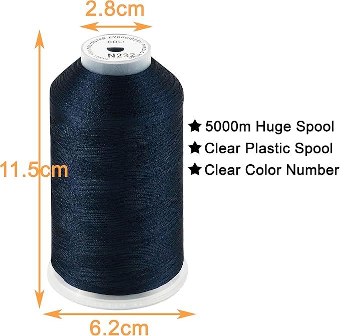 New brothread - Single Huge Spool 5000M Each Polyester Embroidery Machine Thread 40WT for Commercial and Domestic Machines - Navy Blue (Janome Color)