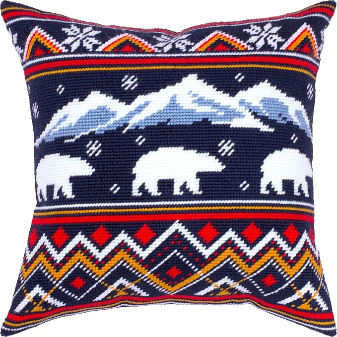 Brvsk Christmas Needlepoint Kit for Adults and Beginners — Winter Bears 16″ × 16″ with Clear, Precise Printed Design on Cotton Canvas; Includes 2 Needles, Yarn, and Easy-Read Chart