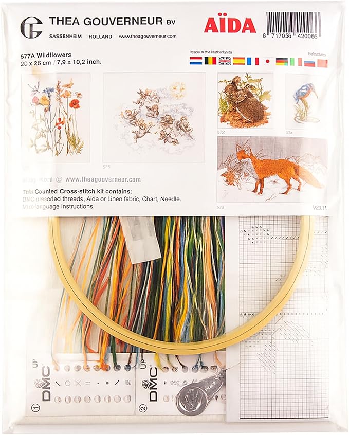 Thea Gouverneur Wildflowers Cross Stitch Kits - Inspirational Crafts for Adults with 16 Count Aida, DMC Threads & Hoop - Create Beautiful Cross Stitch Art