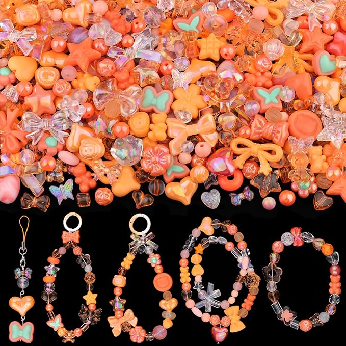 200-260pcs tinkrstuff assorted orange acrylic beads for bracelet making,cute beads for jewelry making flower bow butterfly candy gummybear aesthetic bracelet charms, diy necklace keychain phone charm