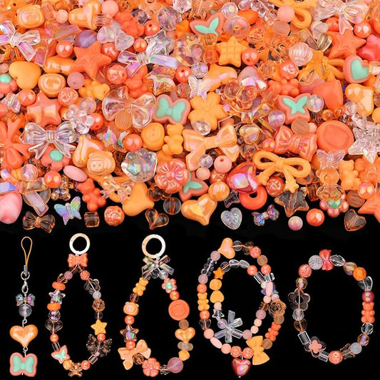 200-260pcs tinkrstuff assorted orange acrylic beads for bracelet making,cute beads for jewelry making flower bow butterfly candy gummybear aesthetic bracelet charms, diy necklace keychain phone charm