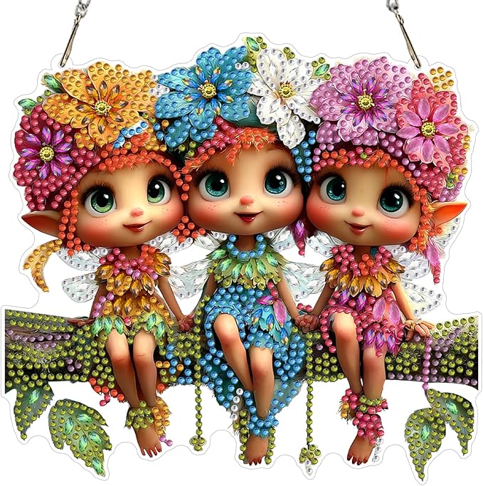 KEYIFA Fairy Diamond Painting Kit, DIY Elf Diamond Art for Adults, Diamonds Pendant Special Shaped Rhinestone Window Hanging Ornaments Home Garden Wall Door Decoration, 20cm Width