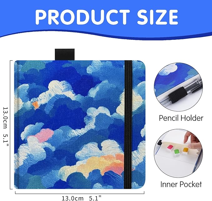 Watercolor Art Sketchbook,5 x 5 inches Portable Hardcover Journal Sketchbook,30 Sheets 140lb/300gsm Acid-Free Drawing Paper,Travel Mixed Media Notebook for Beginners Artists,Oil Painting Cloud