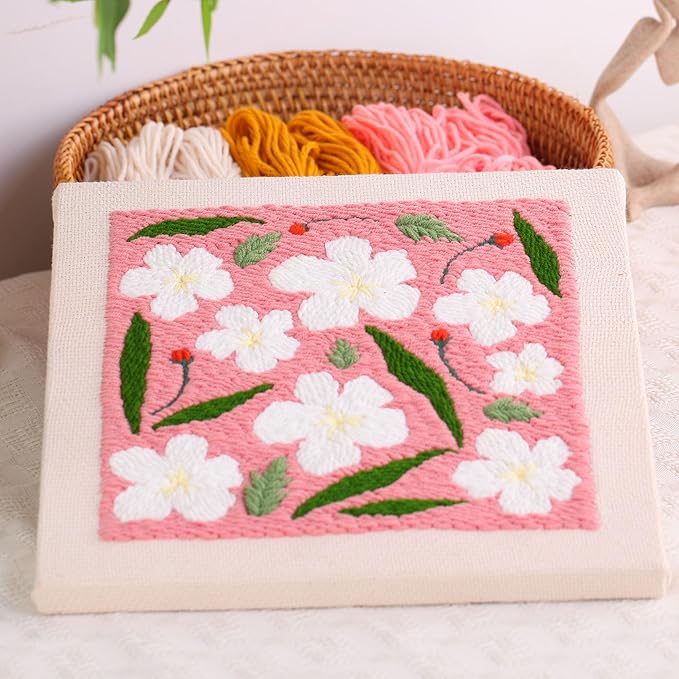 embroidery punch needle kit frame, embroidery starter kits for beginner kids,punch needle fabric with pattern,threader, yarns,embroidery hoops & rug punch(pink)