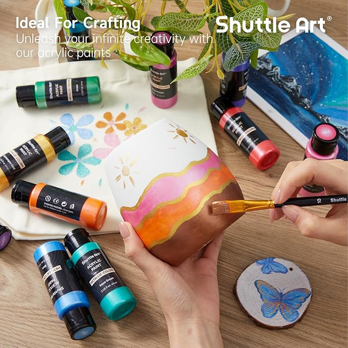 Shuttle Art 30 Colors Metallic Acrylic Paint, Artist Grade Metallic Paint in Bottles (60ml, 2oz), Rich Pigmented, High Viscosity, Non-Toxic for Artists, Beginners on Rocks Crafts Canvas Wood Fabric