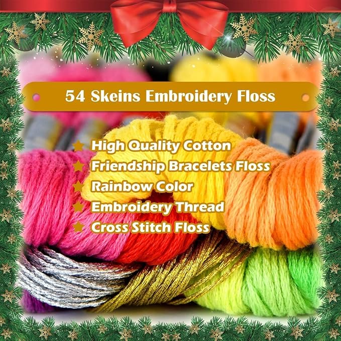 LE PAON 100％Cotton Embroidery ＆CrossStitch Floss- Bracelets String - Crafts Floss - 52pcs Premium Rainbow Color Embroidery Thread and Free Set of 4pcs Metallic embroidery thread