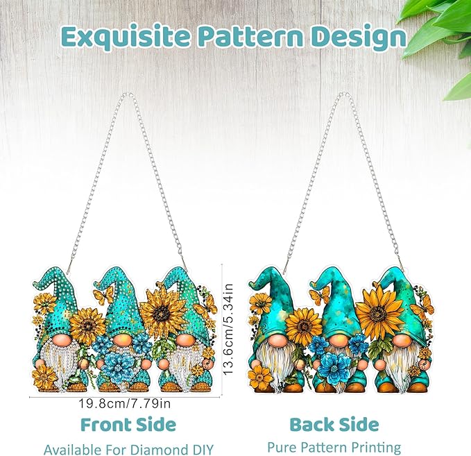 MEIYUDA Gnomes Diamond Art Hanging Kits for Adult, Sunflowers Gnomes Diamond Painting Hanging Kits Ornaments, DIY Special Shaped Rhinestone Window Pendants kit for Home Garden Wall Decor Gift