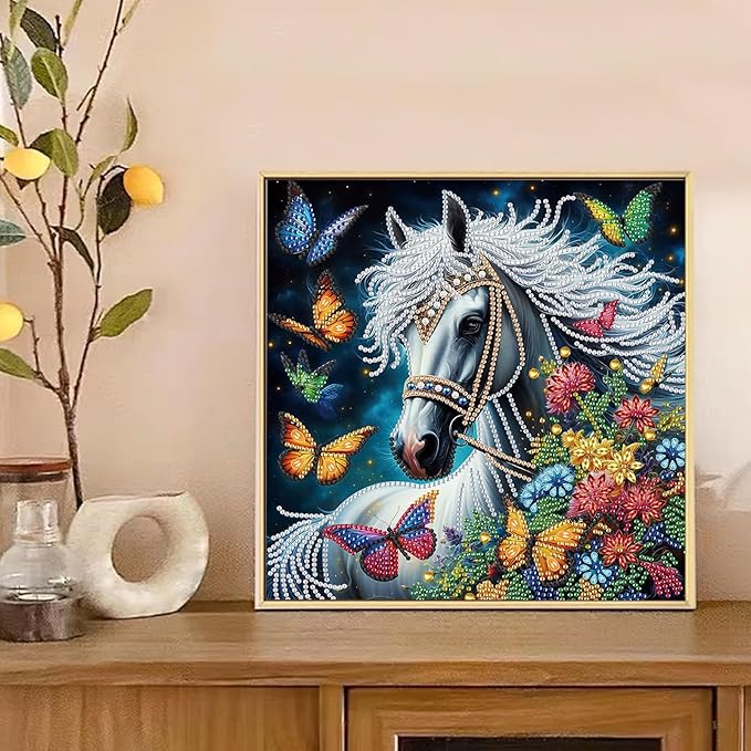 5D Special Shape Diamond Art Kits for Beginners, Diamond Art Painting Kits for Adults, Crystal Rhinestones Diamond Art Painting for Home Wall Decoration Gift 12×12 inch, White Horse Butterfly