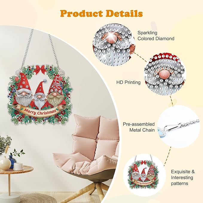 HEIBAGO Gnome Diamond Art Hanging Kits for Adults Kids, 5D Special Shaped Crystal Diamond Painting Kit Wreath, DIY Pattern Window Pendant Gem Art Kit for Home Wall Decor 8.3 x 8.3 Inch