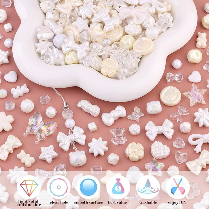 200-260pcs tinkrstuff assorted white acrylic beads for bracelet making, cute beads for jewelry making flower bow butterfly candy gummybear aesthetic bracelet charms,diy necklace keychain phone charm