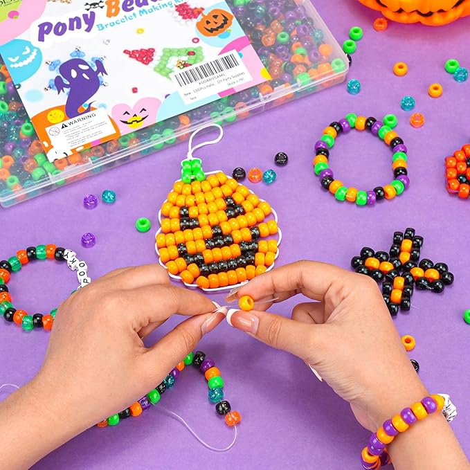 1000Pcs Halloween Pony Beads Bulk – 6x9mm Kandi Beads in Orange, Black, Purple, Green for Bracelets, Hair Braids, Jewelry Making, DIY Crafts, Party Supplies