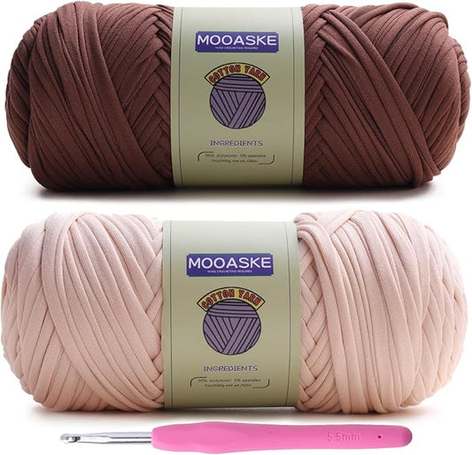 2 Pack T-Shirt Crochet Yarn for DIY Knitting Crochet Cloth Blanket Bag Dolls - 400g Chunky Thick Yarn for Crocheting with Polyester-Spandex Blend Elastic Fabric (Beige+Brown)
