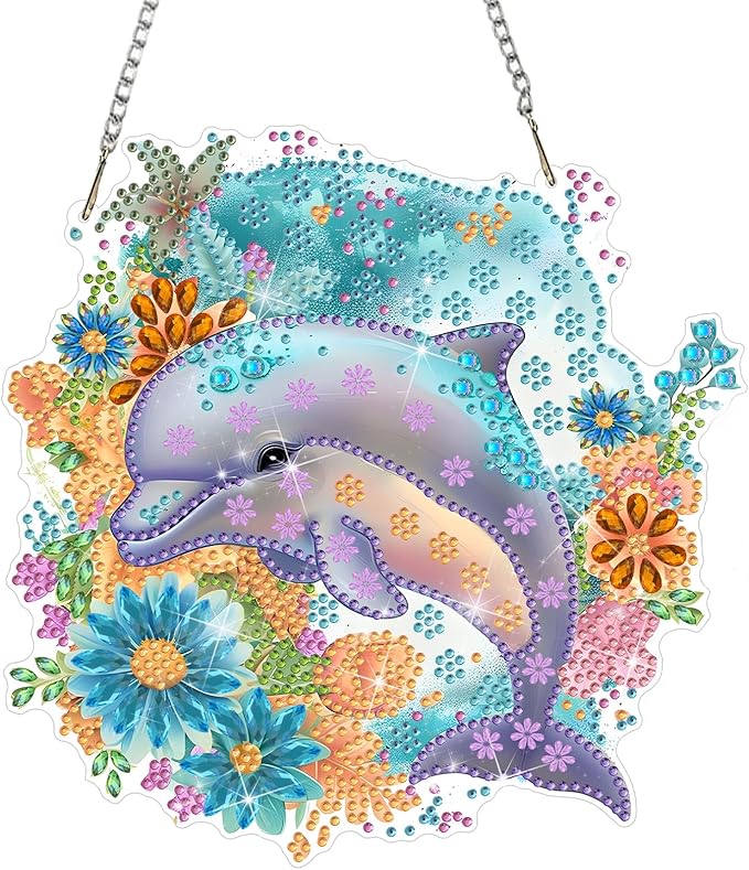 DOMROM Dolphin Diamond Art Hanging Kits for Adults Beginners, Special Shaped Crystal Diamond Painting Dolphin Pendant, DIY Diamond Art Suncatchers Animal for Home Garden Wall Decor Gift