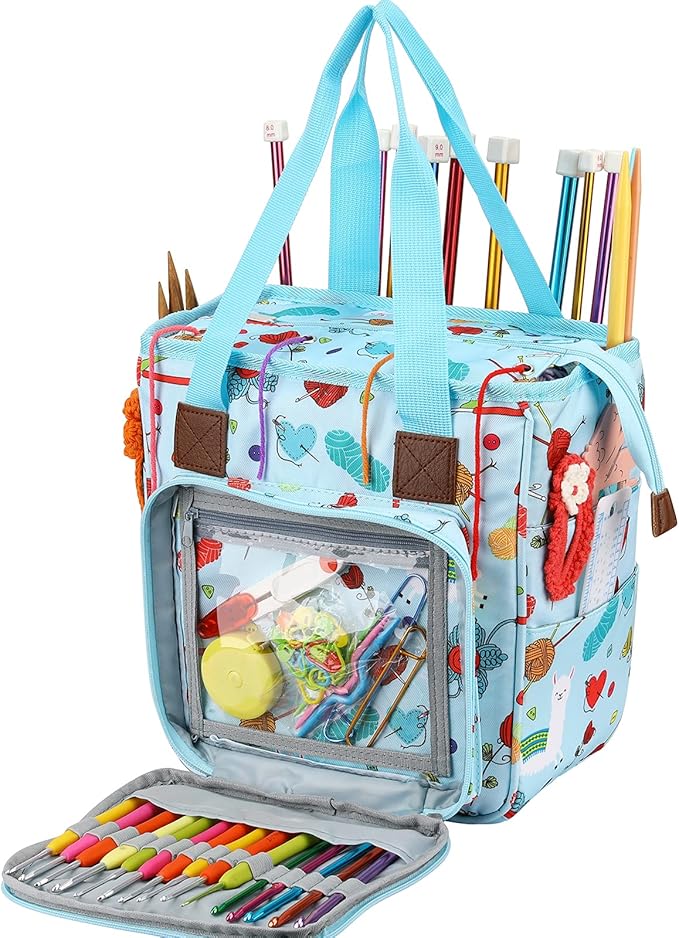 LOOEN Yarn Knitting Storage Tote-Large Capacity Crochet Organizer Portable Travel Bag with Shoulder Strap Crochet Hooks Case for Unfinished Bulk Project