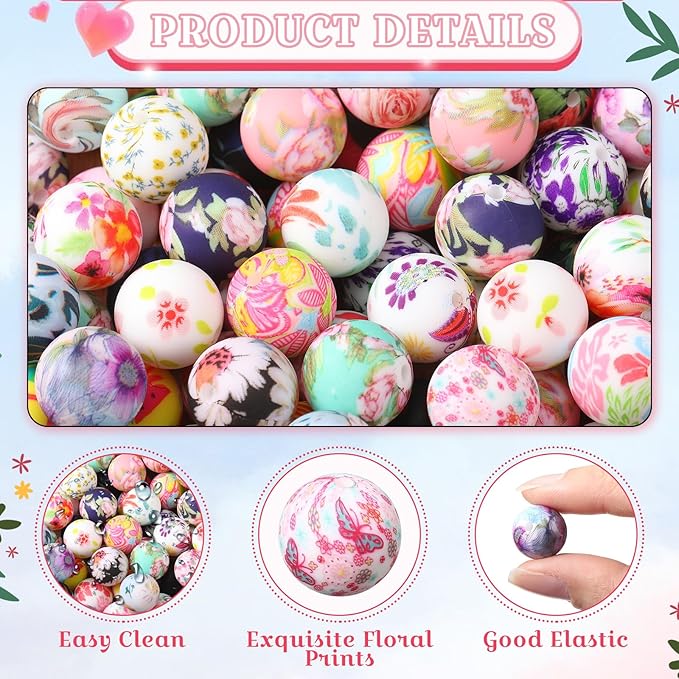 Ferreve 120 Pcs 15mm Silicone Beads Bulk Flower Silicone Beads Floral Print Rubber DIY Bracelet Making Kit for Keychain Making Pens Necklace Jewelry(Flower)