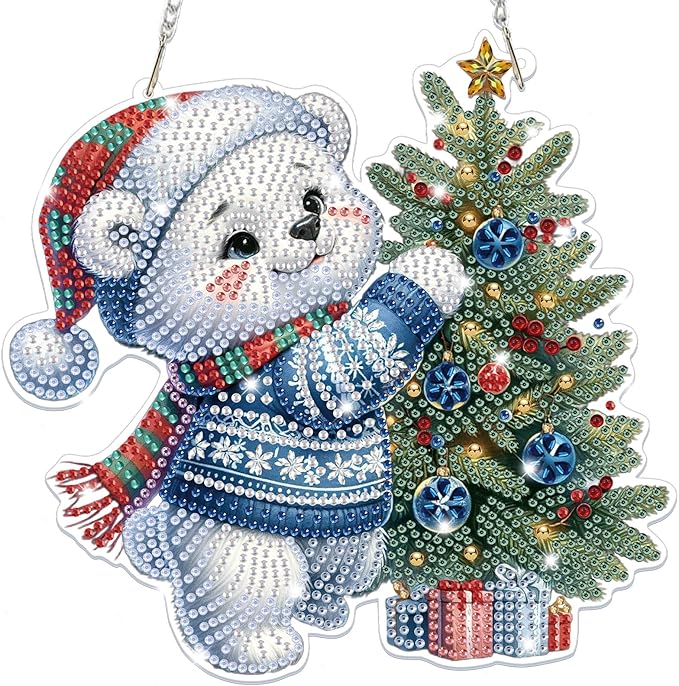 Bowetile Christmas Diamond Art Hanging Kits for Adults, Diamond Art Suncatchers Polar Bear, 5D Special Shape Diamond Painting Pendant Window Ornament Christmas Gifts for Home Door Wall Decor