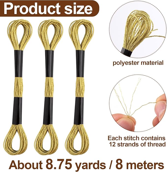 3 Skeins Metallic Embroidery Floss, Glitter Gold Embroidery Thread String, Polyester Cross-Stitch Threads for Hand Embroidery, String Art, DIY Bracelet- Gold