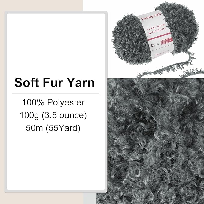 MECCANIXITY 1 Skeins Eyelash Yarn Fur Soft Fluffy Chunky Polyester Yarn Fuzzy Dark Gray for Crocheting Knit DIY Clothes Bag - 55Yard/50m, 3.53oz