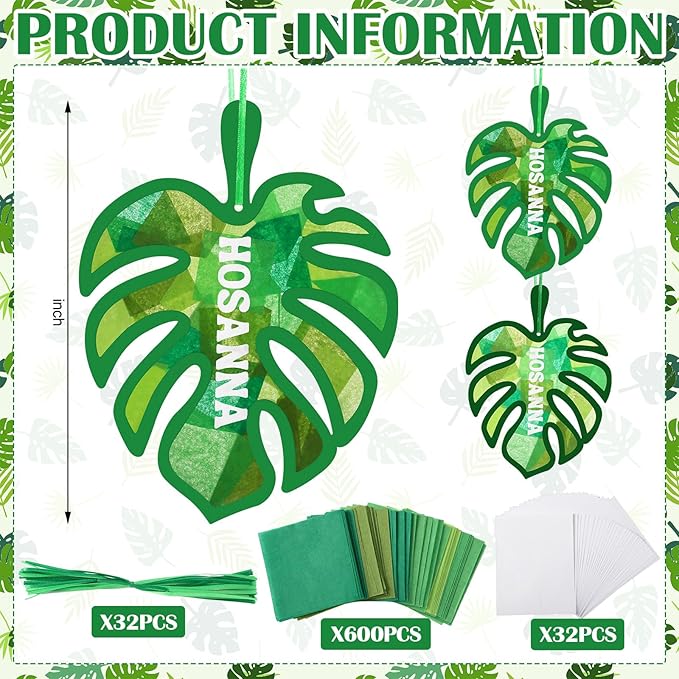 Motipuns 32 Sets Palm Sunday Suncatchers Craft Kits Easter Lent DIY Palm Leaf Tissue Paper VBS Crafts Stained Glass Effect Tissue Paper Kit for Religious Christian Holy Week Window Art