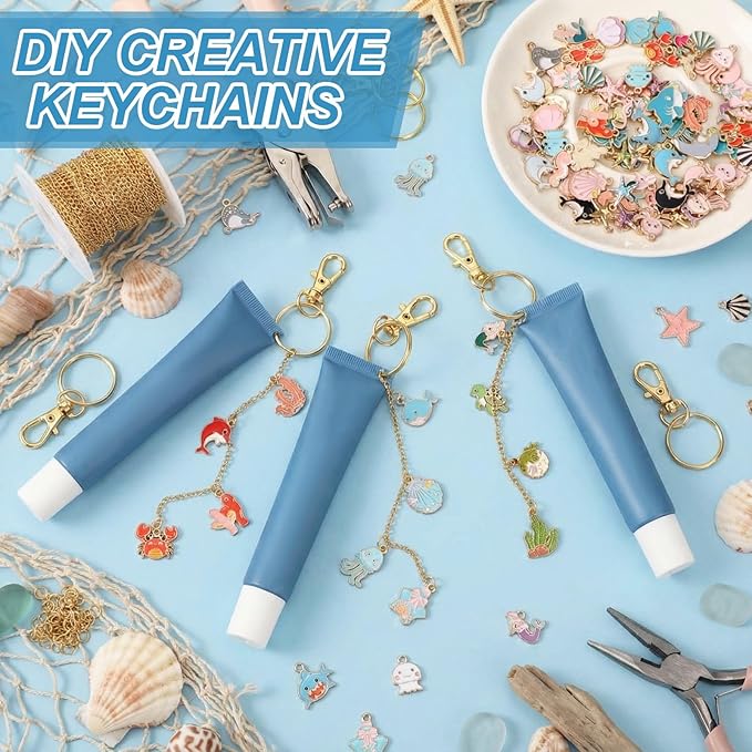 VioraWhite 213 Pcs Lip Gloss Keychain Making Kit 100 Pink Enamel Charms 32.81 ft Gold Chains for DIY Crafts Women (Ocean Theme)