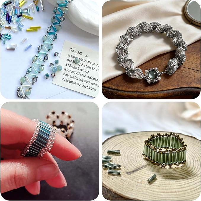 9600Pcs 7mm Tube Beads Kit Glass Bugle Seed Beads Small Craft Bead with Two Crystal String for Jewelry Making DIY Crafting Bracelet Necklaces Embroidery, Home Decoration (24 Colors)