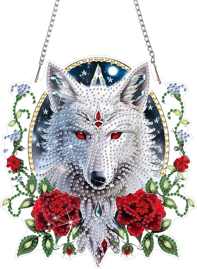 DOMROM Wolf Diamond Art Hanging Kits for Adults Beginner, Special Shaped Crystal Diamond Painting Wolf Pendant, DIY Diamond Art Suncatchers Animal for Home Garden Wall Decor Gift